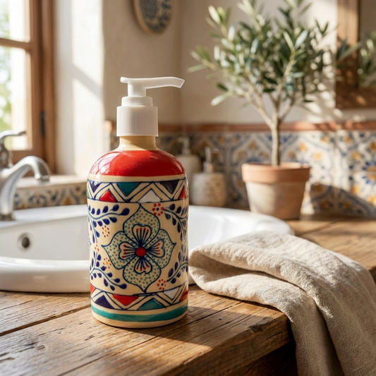 Mexican stoneware soap dispenser with carved floral pattern detail