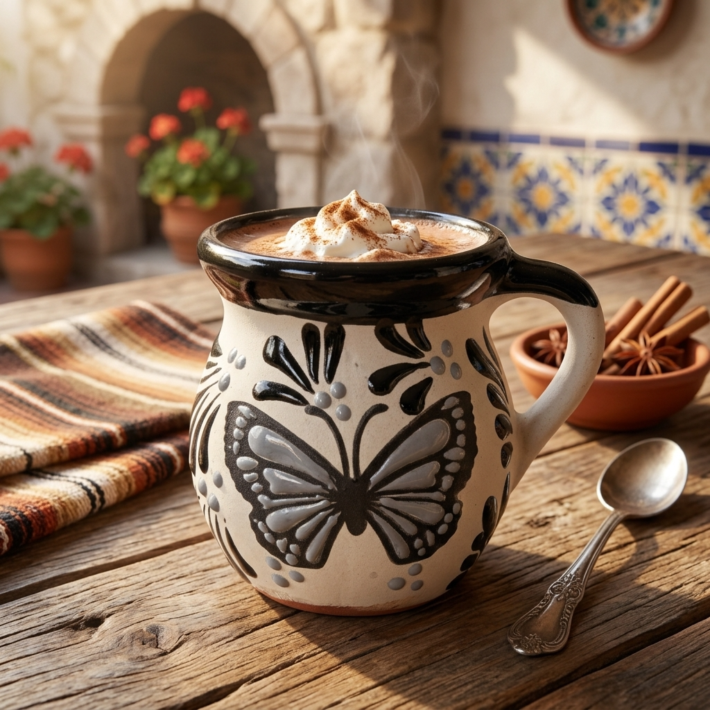 Monarch butterfly coffee mug, lead-free Mexican Talavera pottery with glossy black rim
