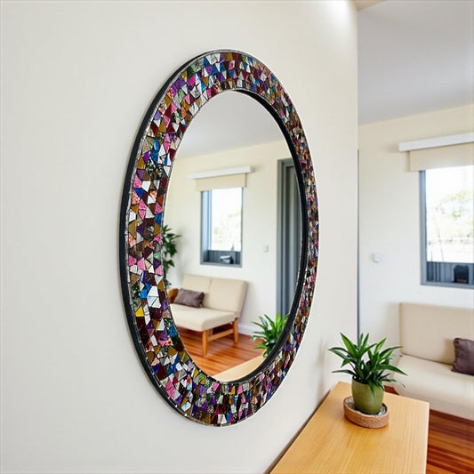 Handmade mosaic mirror on bedroom wall, colorful Mexican wall decor