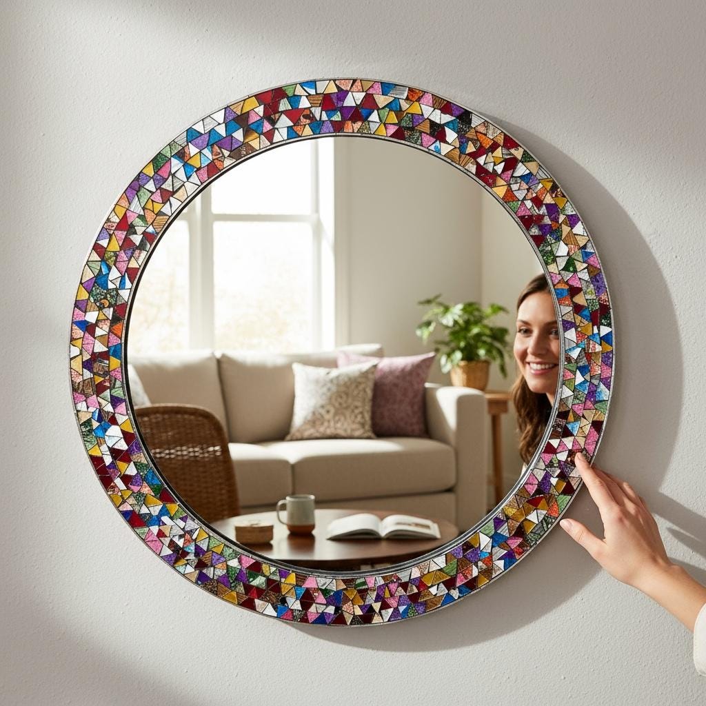 Handmade mosaic mirror held showing colorful frame, Mexican wall decor