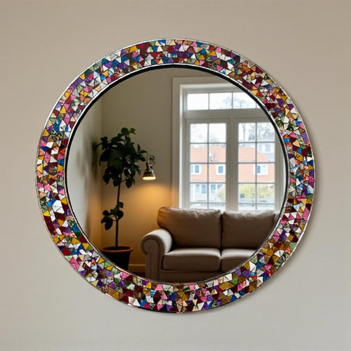 Handmade mosaic mirror with colorful frame in living room, Mexican wall decor