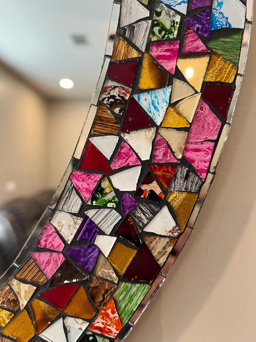 Mosaic mirror tile detail close-up, handmade Mexican wall art