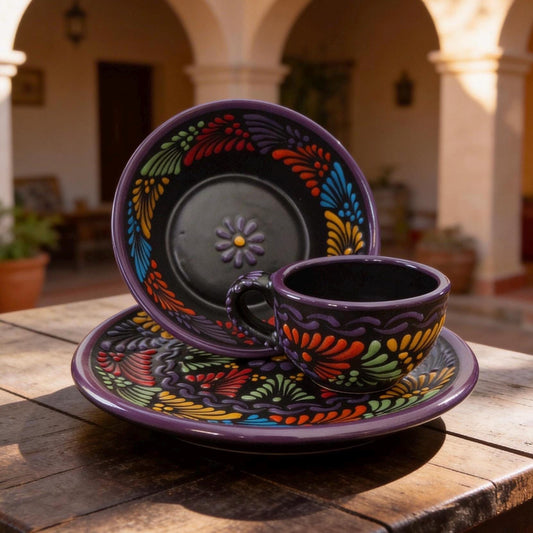 Handmade Multicolor Black Talavera Dinnerware Set 3-Piece - Mexican Pottery