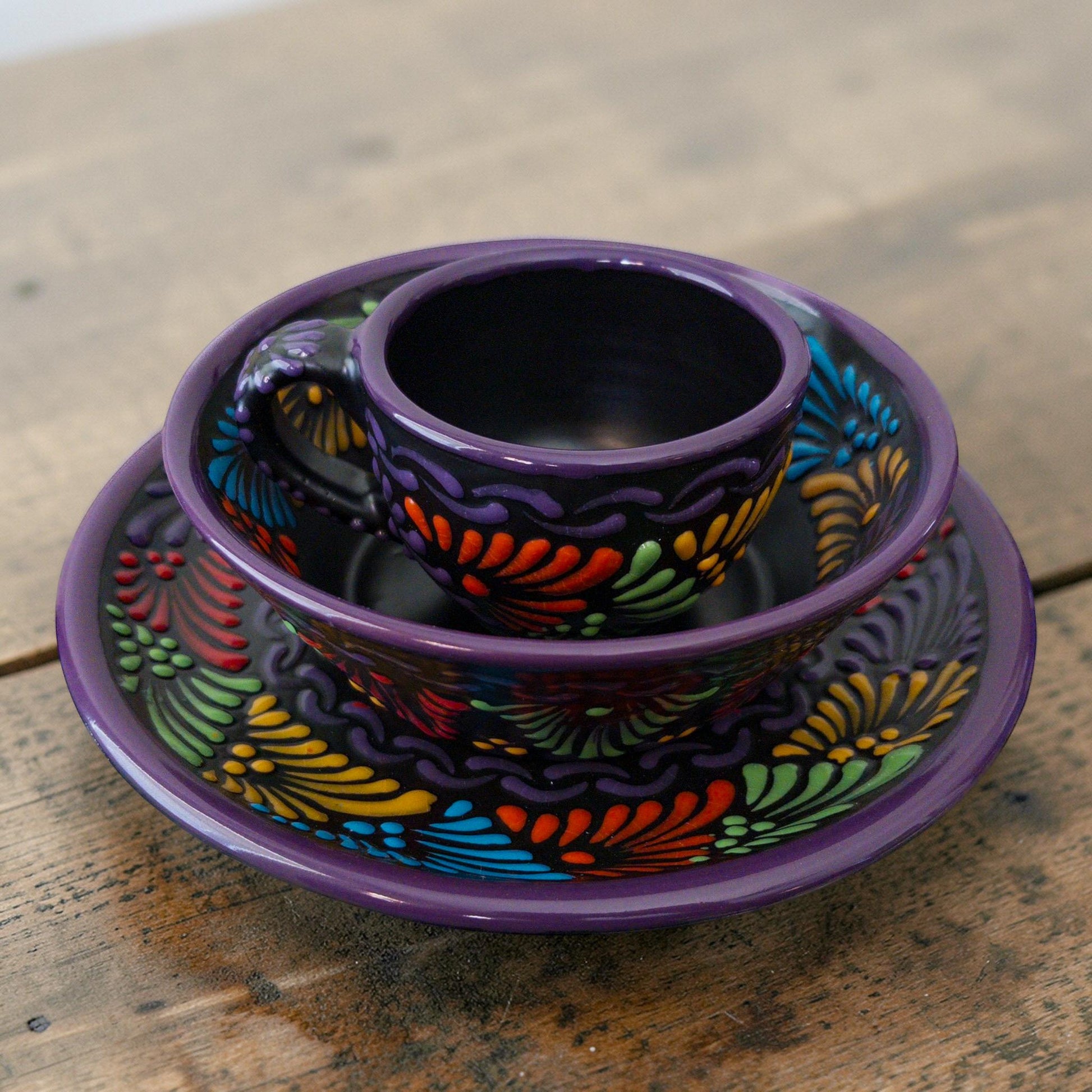 Black Talavera dinnerware set with hand-painted plate, bowl and mug