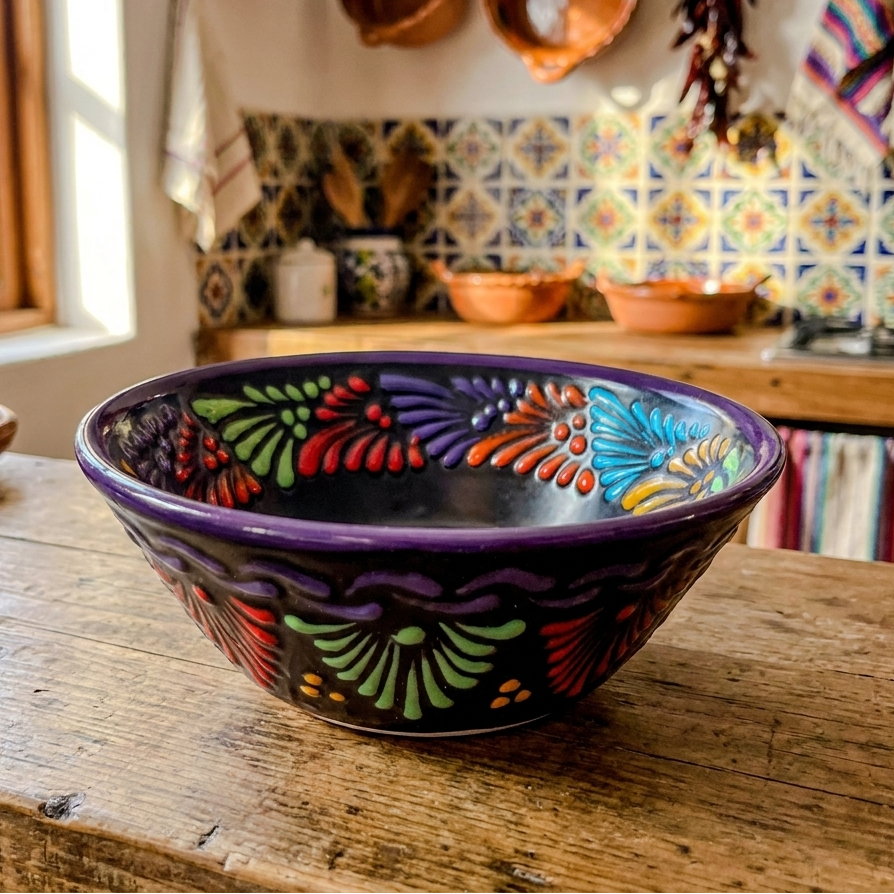 Multicolor black Talavera serving bowl handmade Mexican pottery
