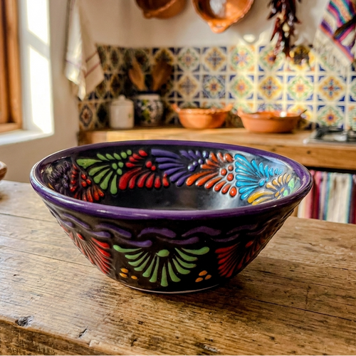 Multicolor black Talavera serving bowl handmade Mexican pottery