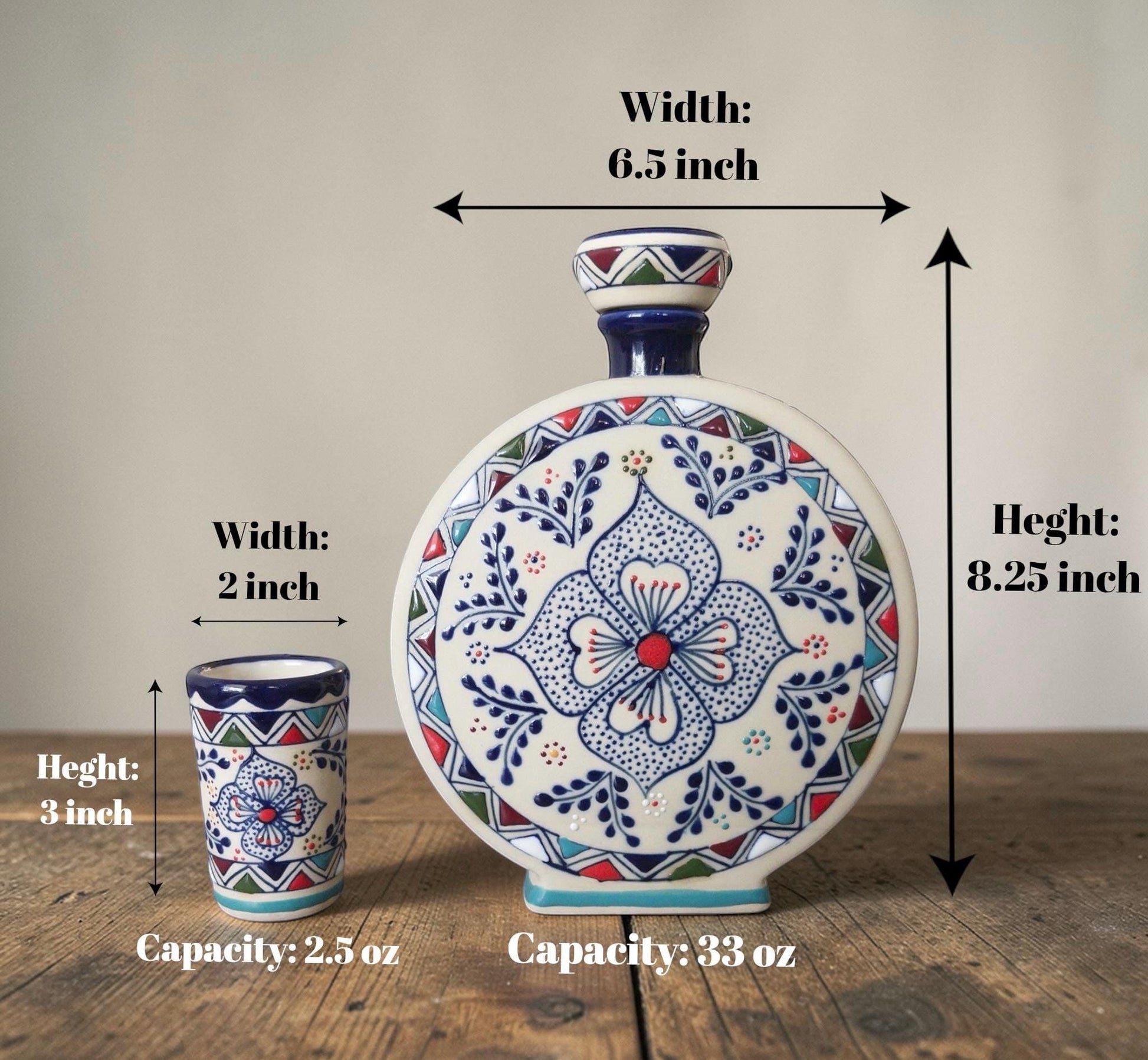 Multicolor stoneware tequila decanter set hand-painted detail