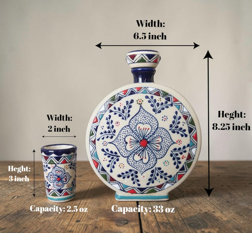 Multicolor stoneware tequila decanter set hand-painted detail