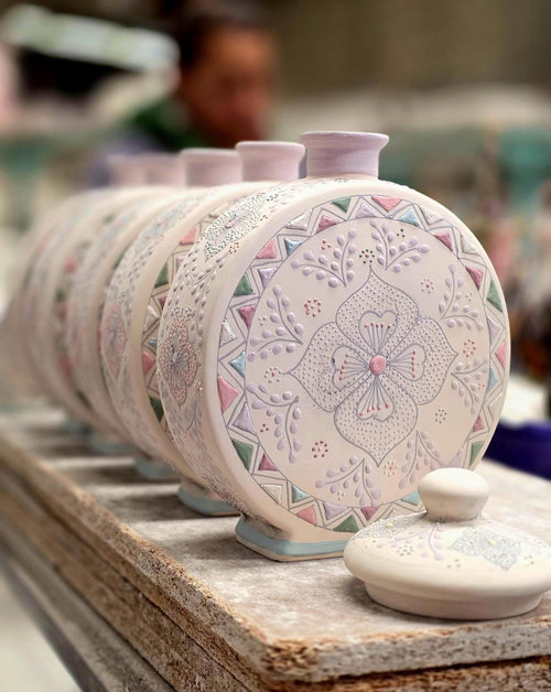 Multicolor stoneware decanter set side view