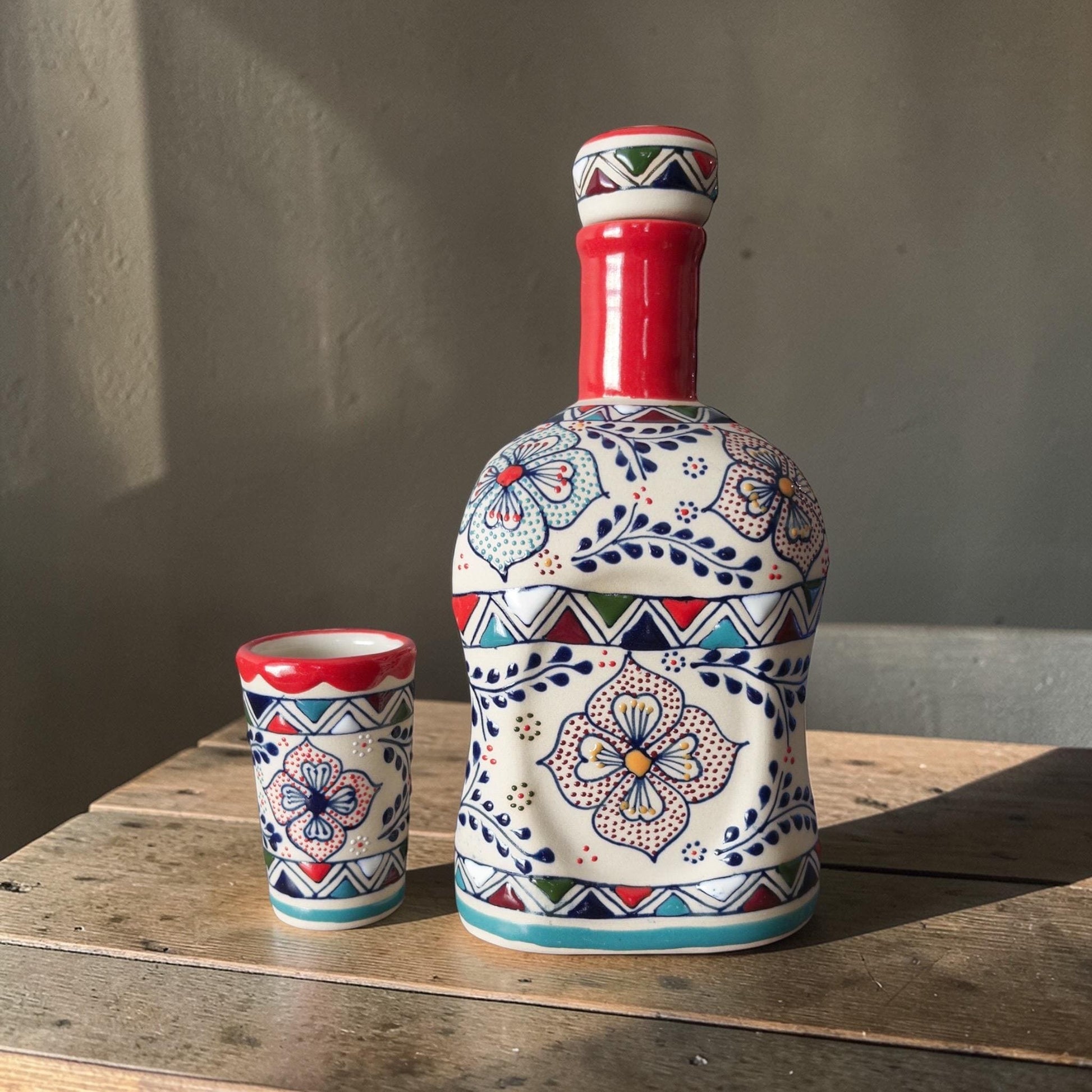 Multicolor stoneware tequila decanter set 35 oz hand-painted detail