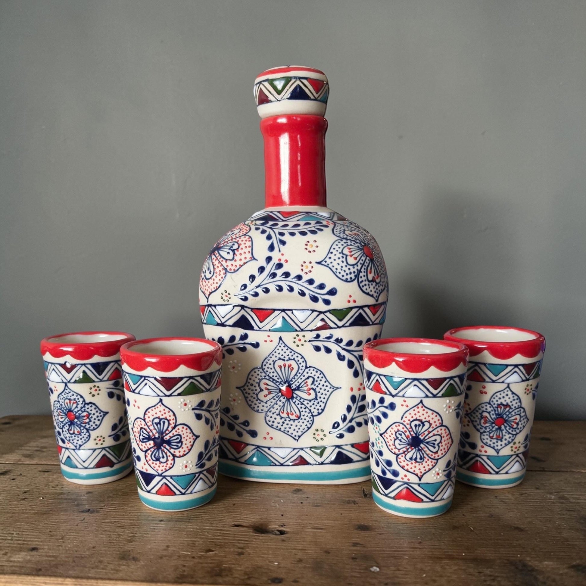 Multicolor stoneware tequila decanter set 35 oz with 4 shot glasses handmade