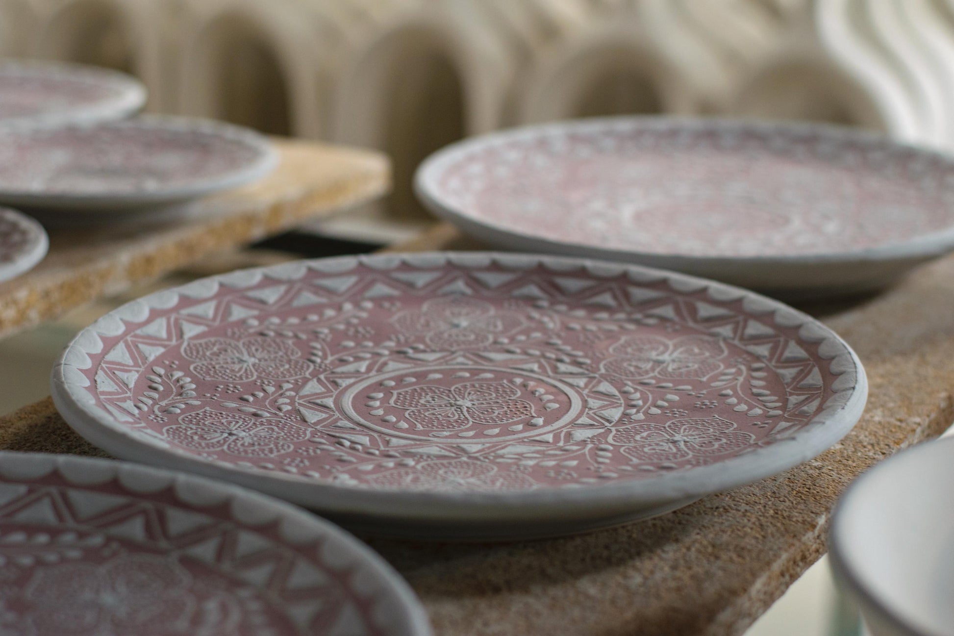 Stoneware serving plate on dining table