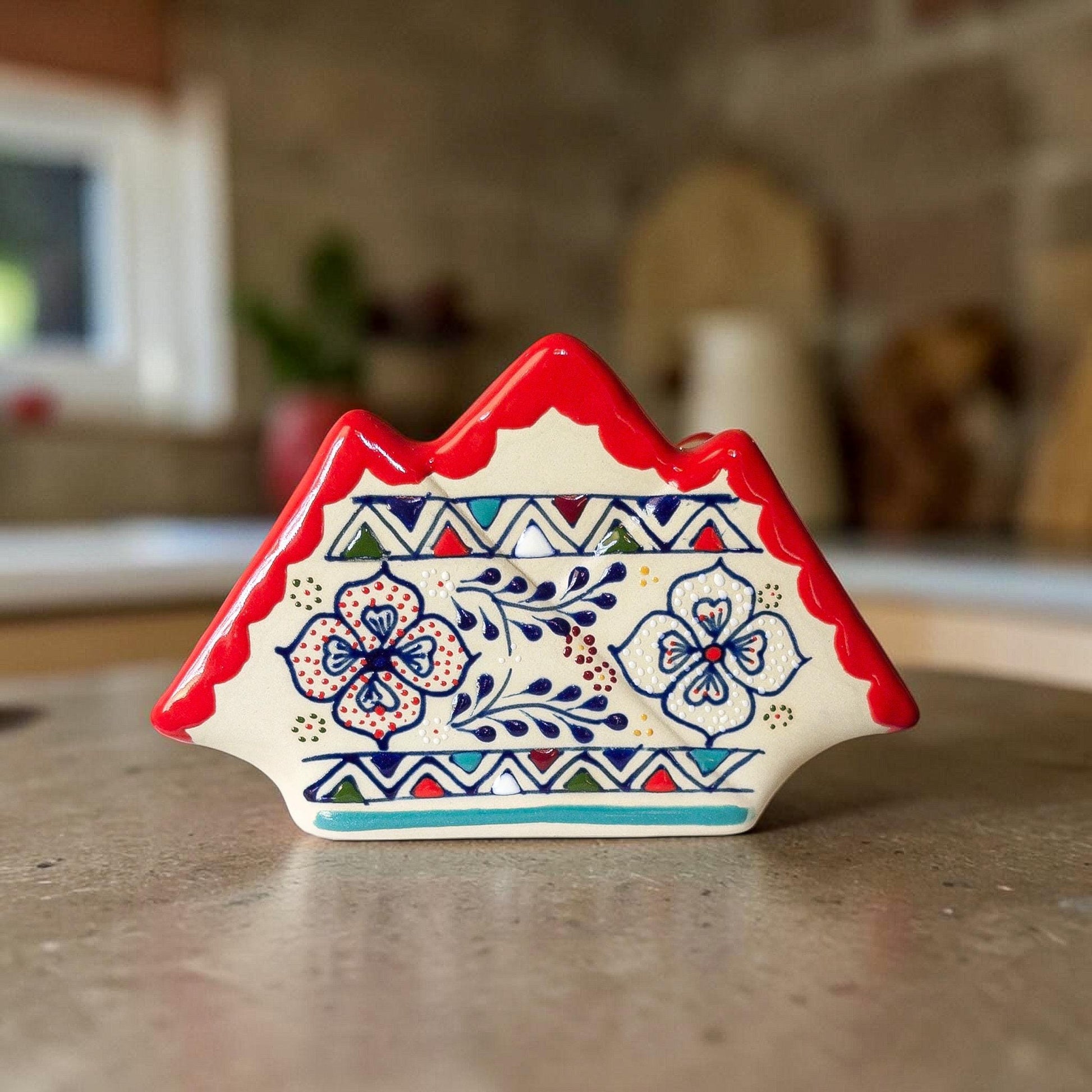 Multicolor stoneware napkin holder handmade Mexican pottery