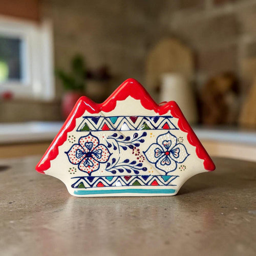 Multicolor stoneware napkin holder handmade Mexican pottery