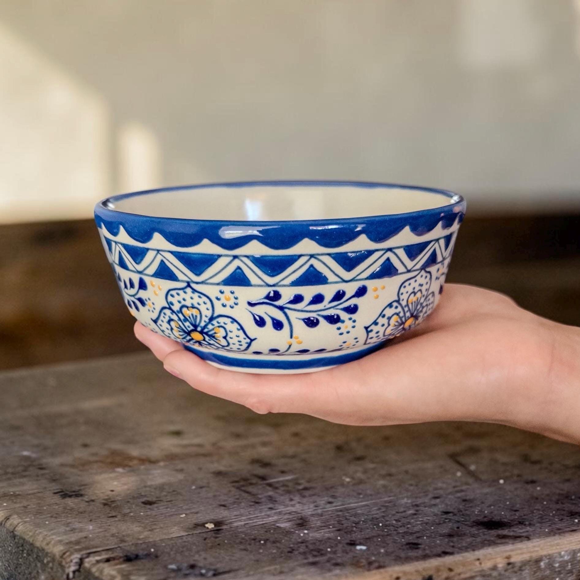 Multicolor stoneware serving bowl 5.5 inch handmade Mexican pottery