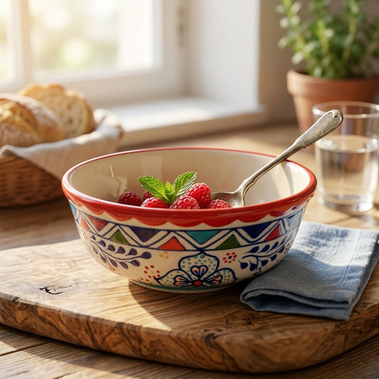 Multicolor stoneware serving bowl with berries, handmade Mexican pottery