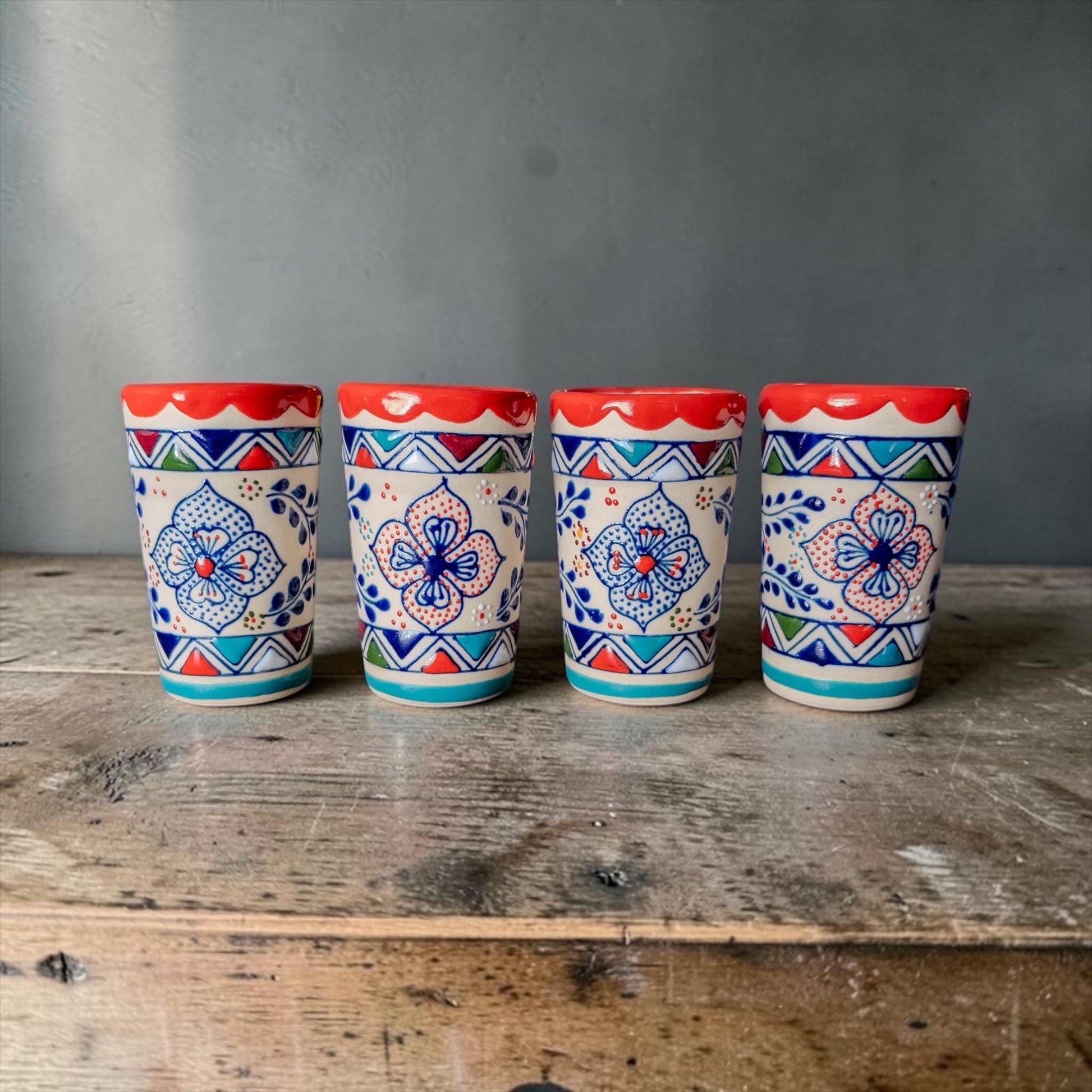 Multicolor stoneware shot glasses 4 set handmade Mexican pottery