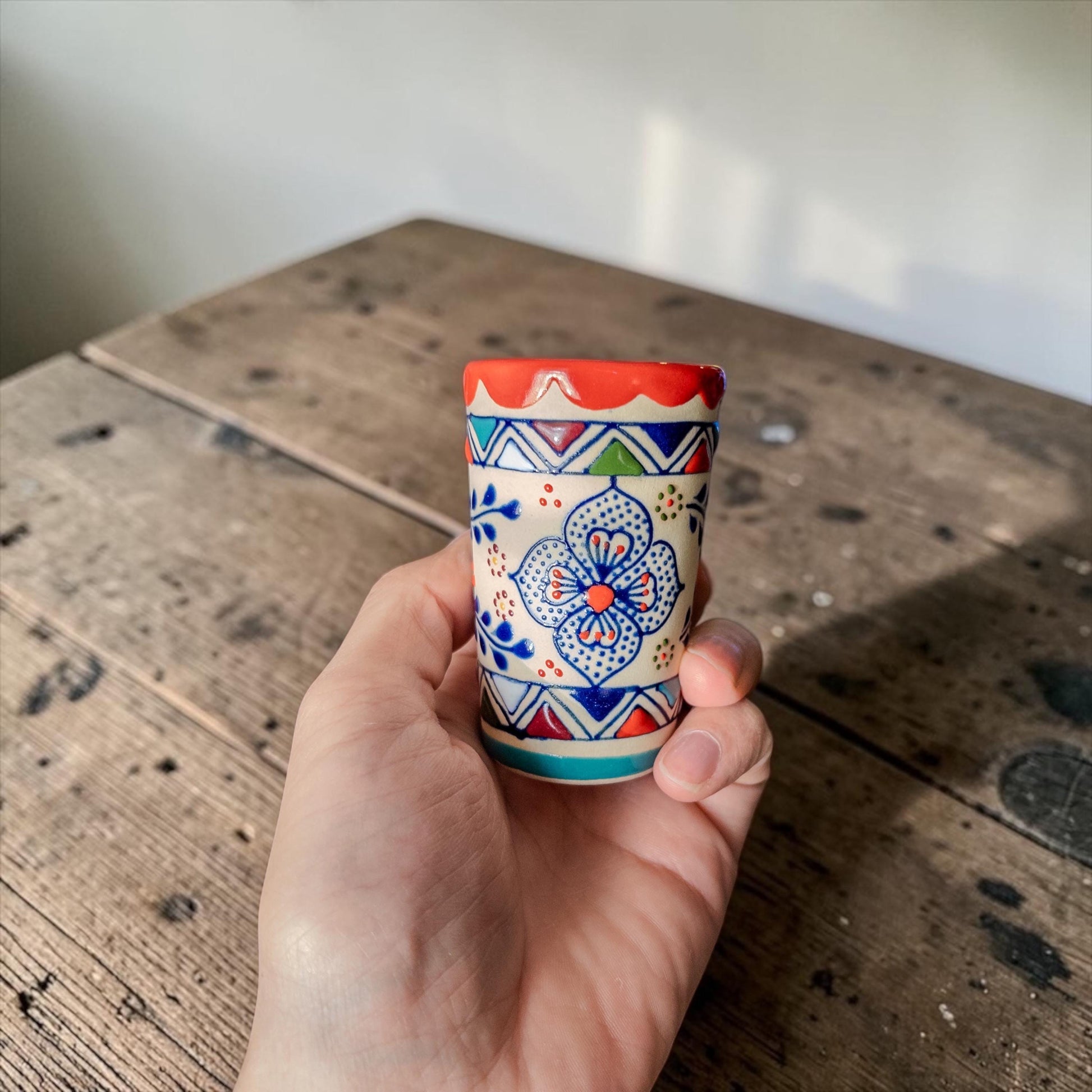 Multicolor stoneware shot glass detail - tequila barware