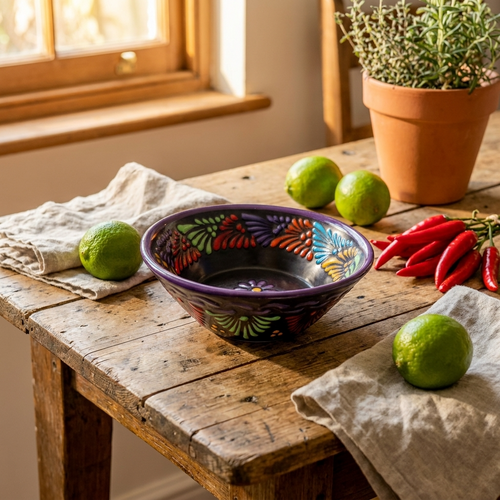 Multicolor Talavera serving bowl, handmade Mexican pottery