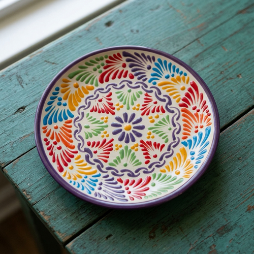 Multicolor Talavera serving plate on display stand, handmade Mexican pottery