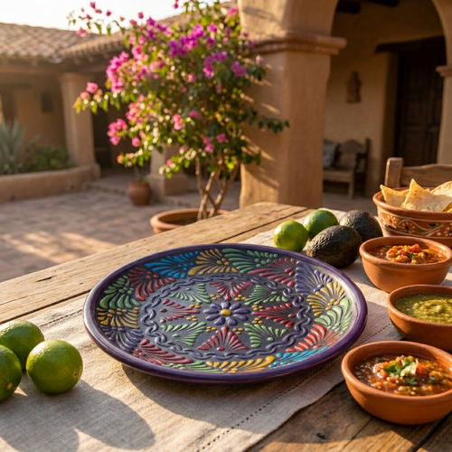 Multicolor Talavera serving plate hand-painted floral design, handmade Mexican pottery