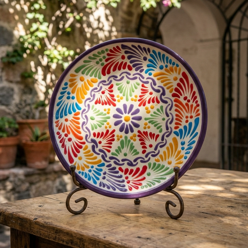 Multicolor Talavera plate vibrant pattern, handmade Mexican pottery