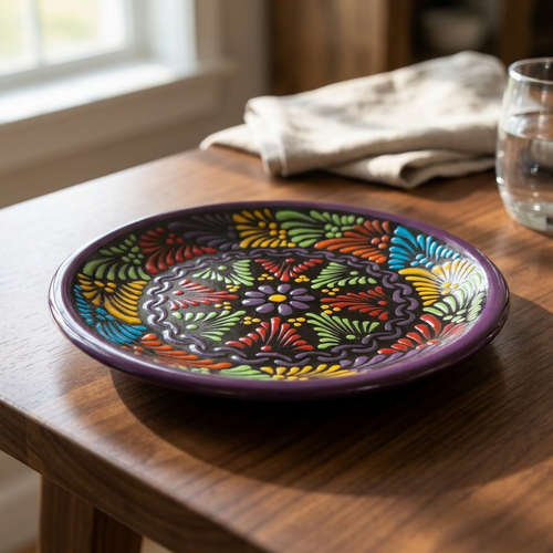 Multicolor Talavera plate hand-painted vivid colors, handmade Mexican pottery