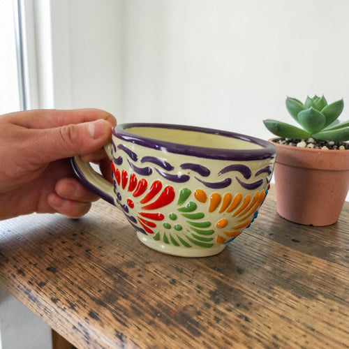 Multicolor white Talavera mug hand-painted pattern detail