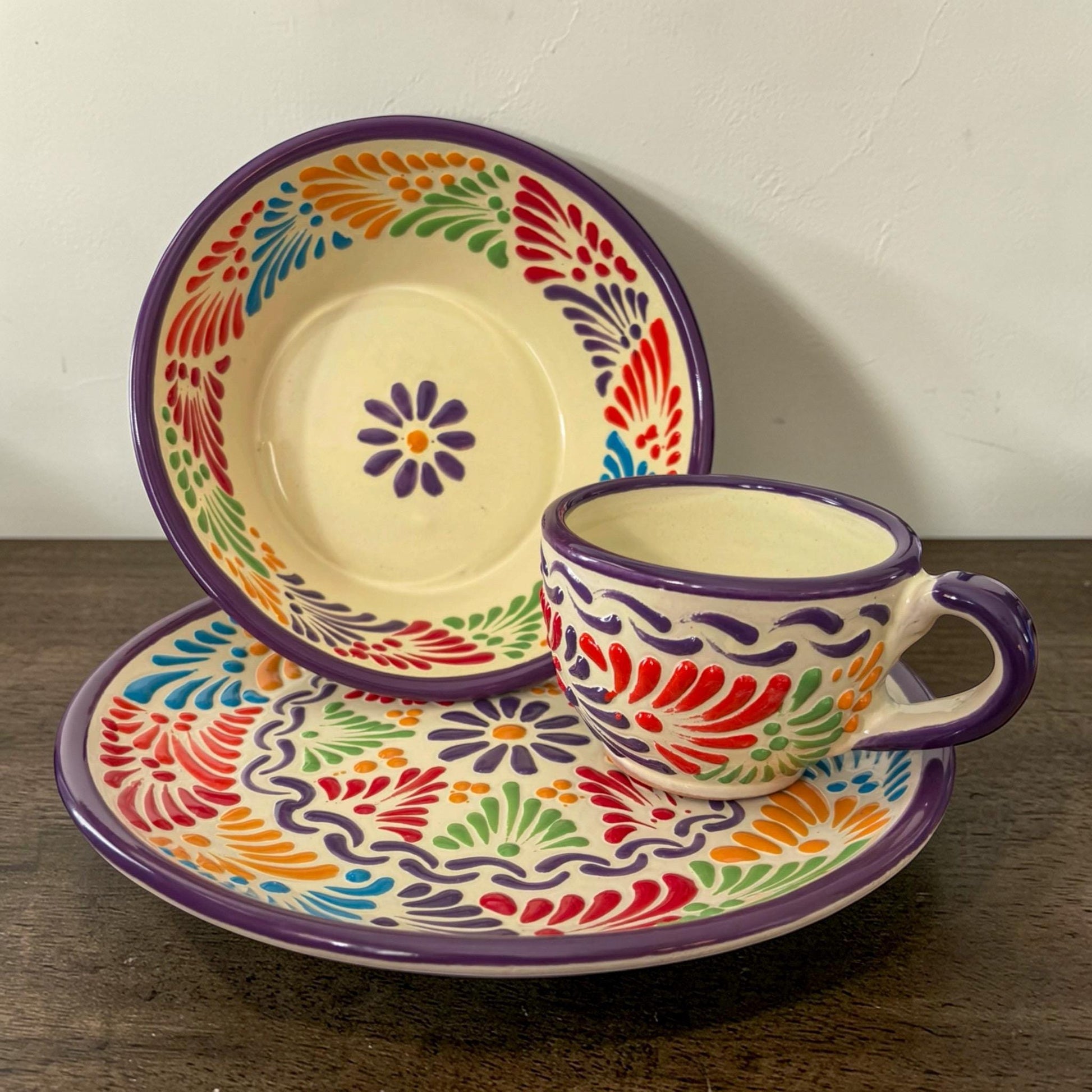 Handmade Multicolor White Talavera Dinnerware Set 3-Piece - Mexican Pottery