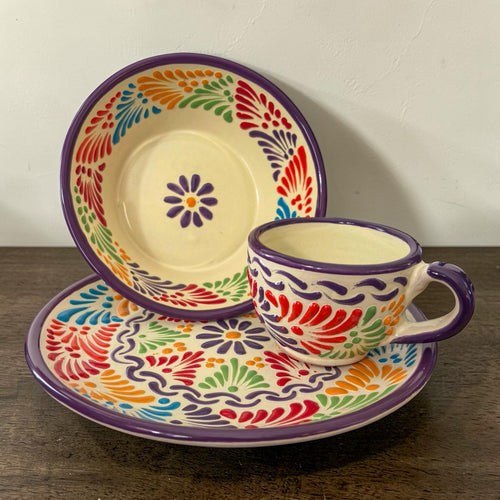 Handmade Multicolor White Talavera Dinnerware Set 3-Piece - Mexican Pottery