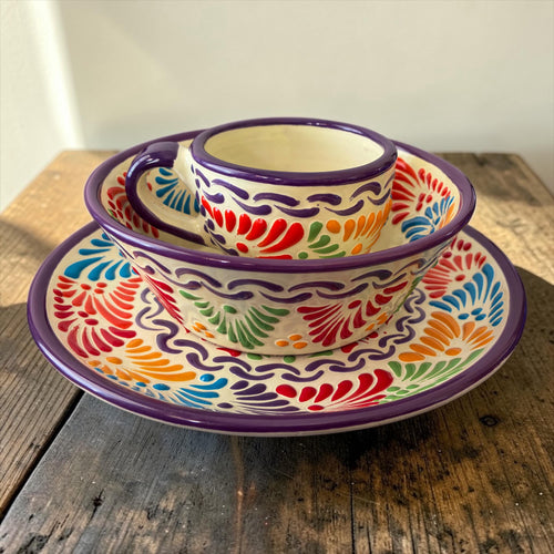 Multicolor white Talavera dinnerware set with plate, bowl and mug