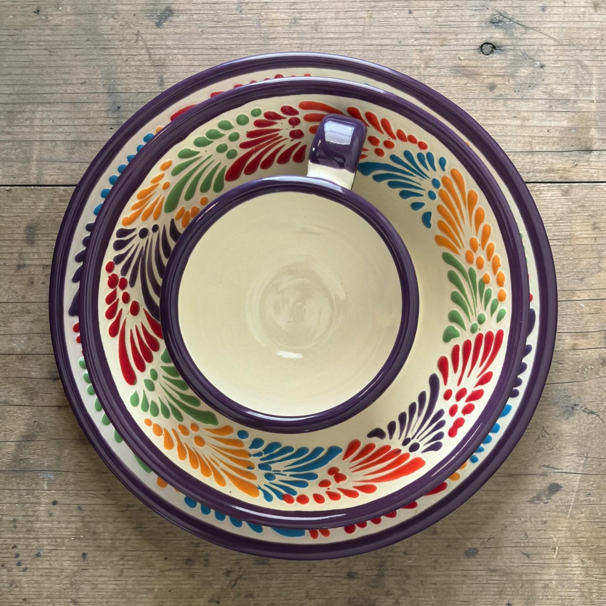 Multicolor white Talavera 3-piece set handmade in Puebla Mexico