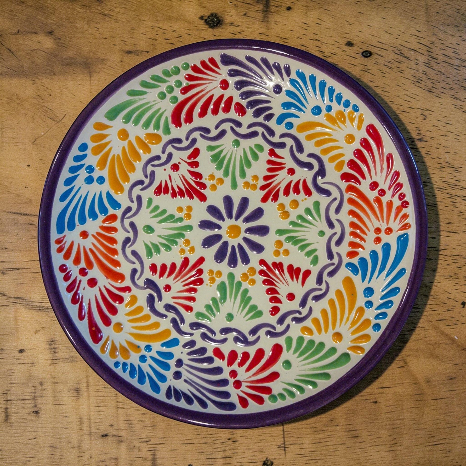 Multicolor white Mexican pottery dinnerware set detail