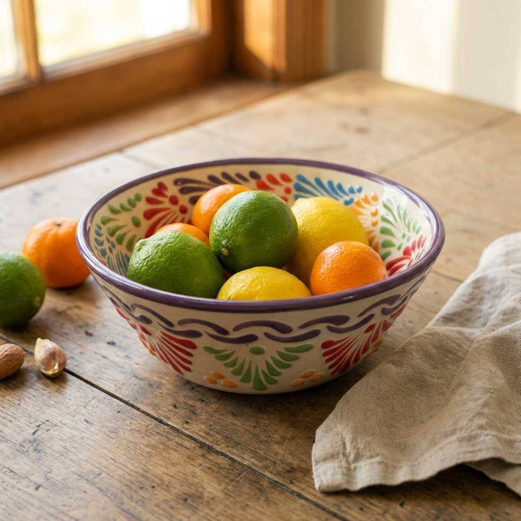 Multicolor white Talavera serving bowl handmade in Puebla Mexico