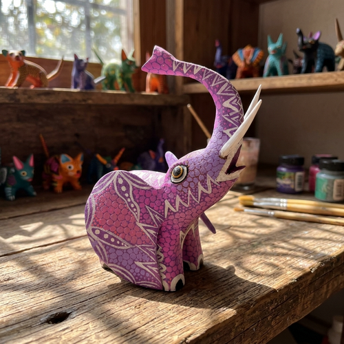 Pink elephant alebrije, hand-painted Oaxacan wood folk art