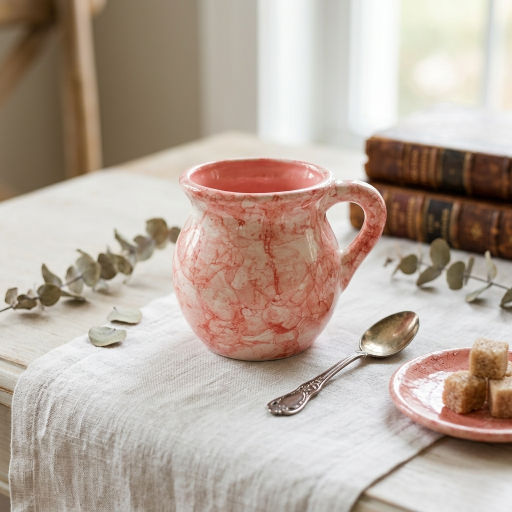 Pink marbled ceramic jarrito mug, handmade lead-free Mexican pottery