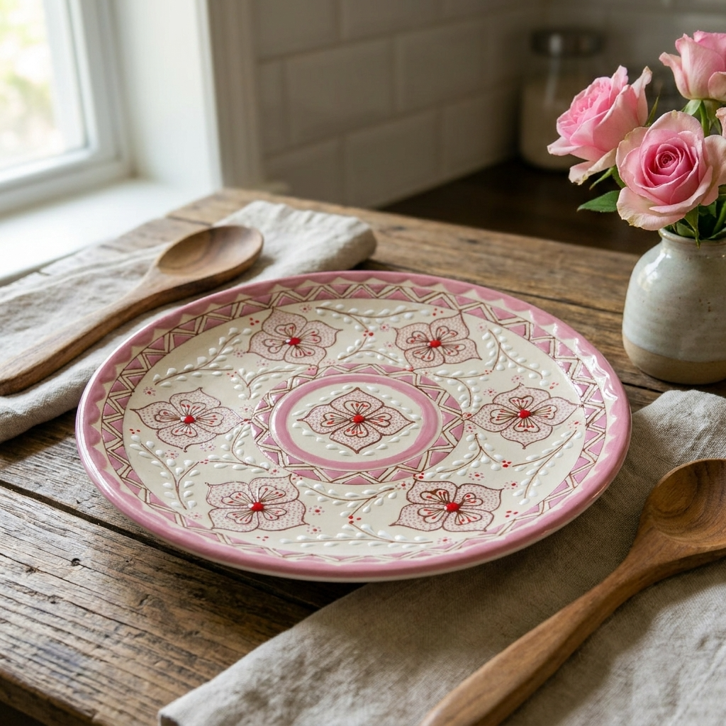Pink stoneware dinner plate hand-painted detail
