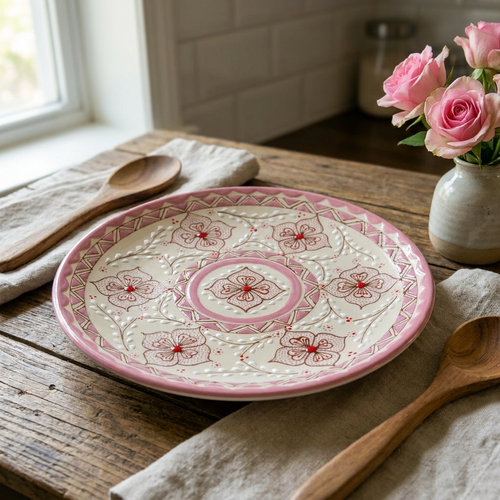 Pink stoneware dinner plate hand-painted detail