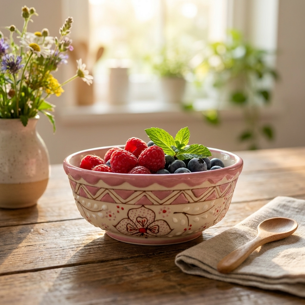 Pink stoneware serving bowl with berries and flowers, handmade Mexican pottery