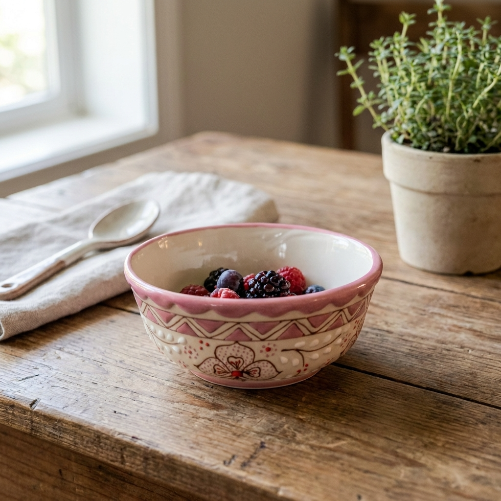 Pink stoneware serving bowl with berries, handmade Mexican pottery