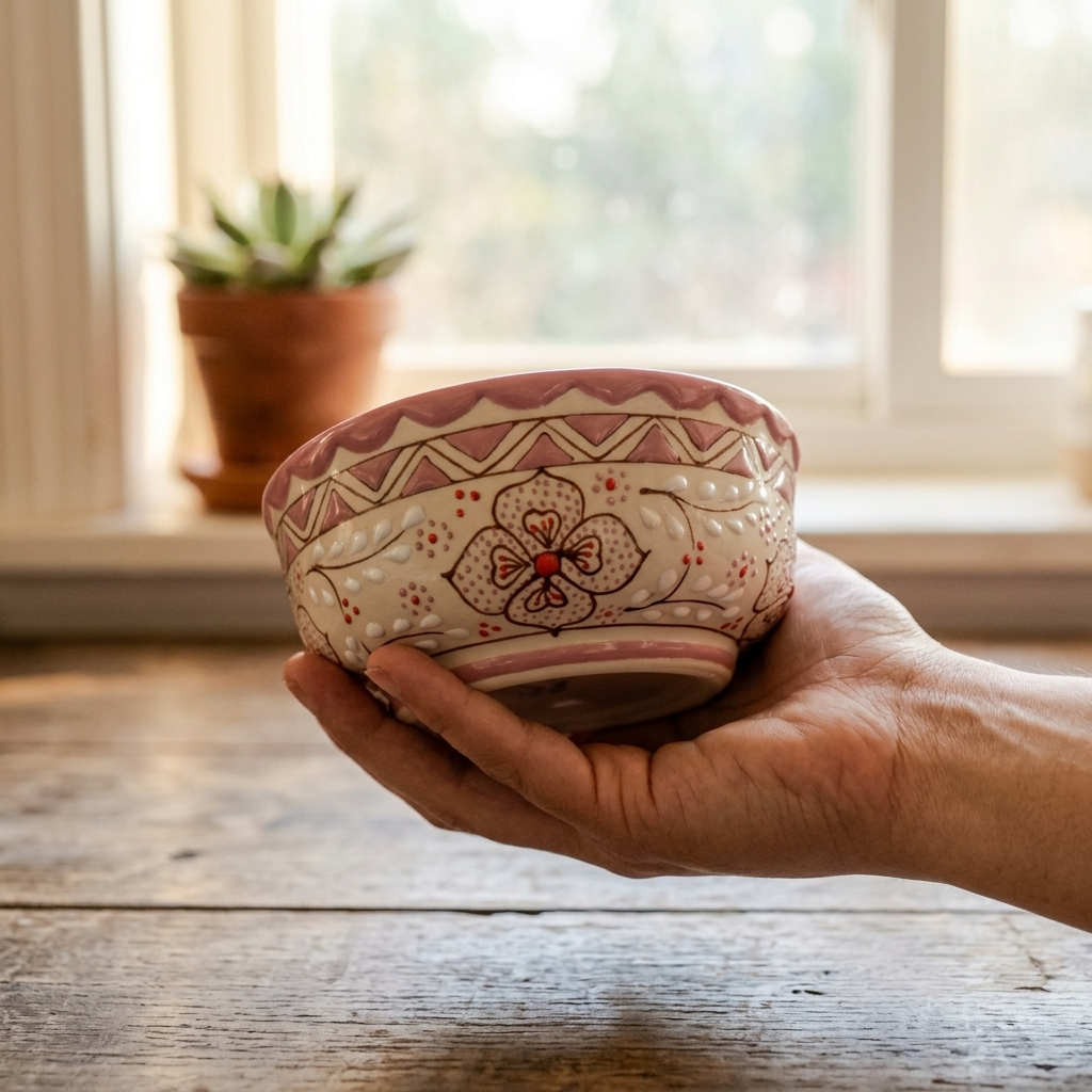 Pink stoneware serving bowl held in hand, handmade Mexican pottery