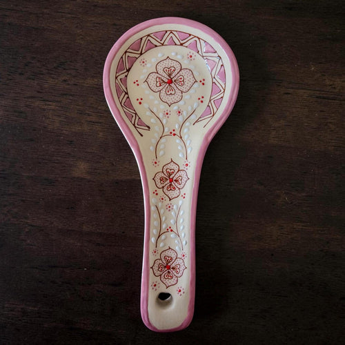 Pink stoneware spoon rest - handmade Mexican pottery utensil holder