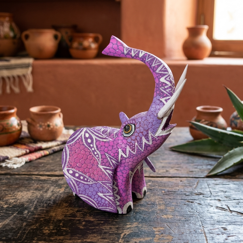 Pink wood elephant alebrije, hand-carved Oaxacan Mexican folk art