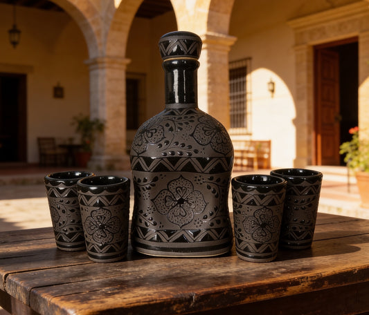 Stoneware Decanter Set with 4 tequila shots - Handmade  - Black -