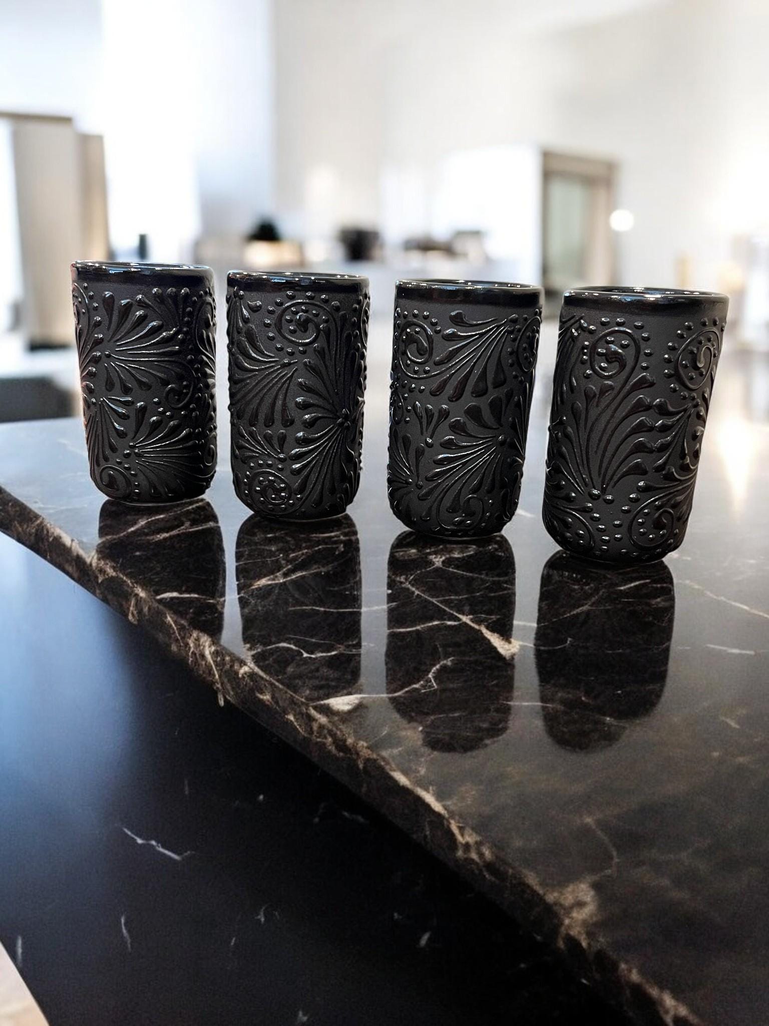 Set of black Talavera clay cups, handmade Mexican drinkware