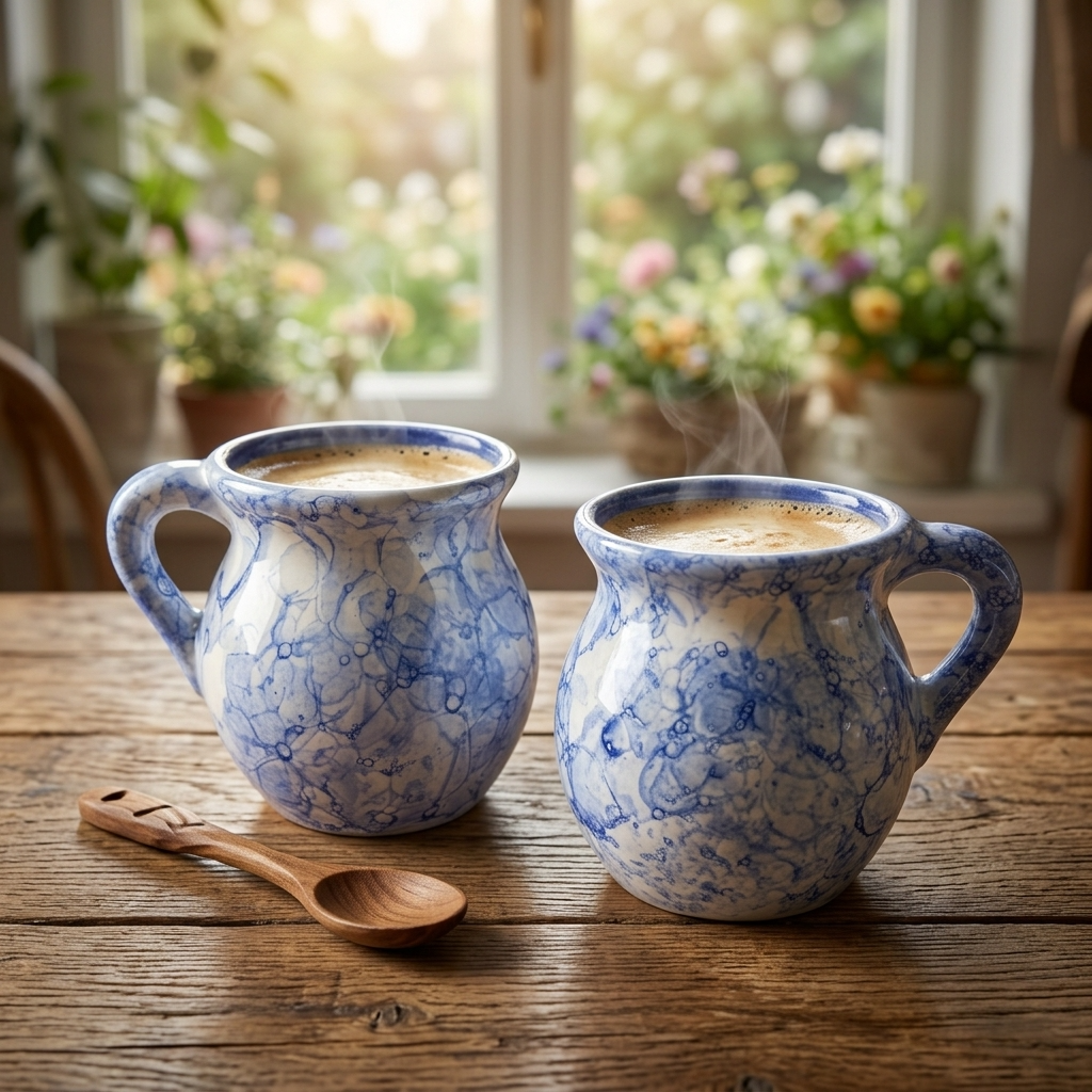 Set of 2 blue marbled ceramic jarrito mugs, handmade Mexican pottery