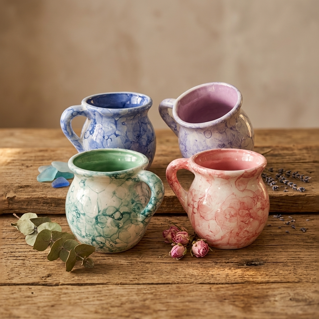 Set of 4 marbled ceramic jarrito mugs in pink blue green purple, handmade Mexican pottery