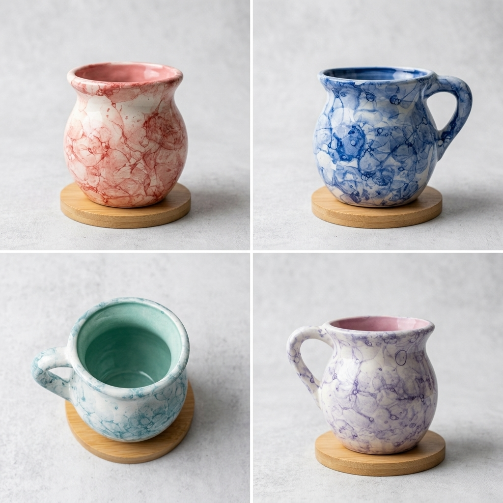 Set of 4 multicolor marbled ceramic jarrito mugs, handmade Mexican pottery