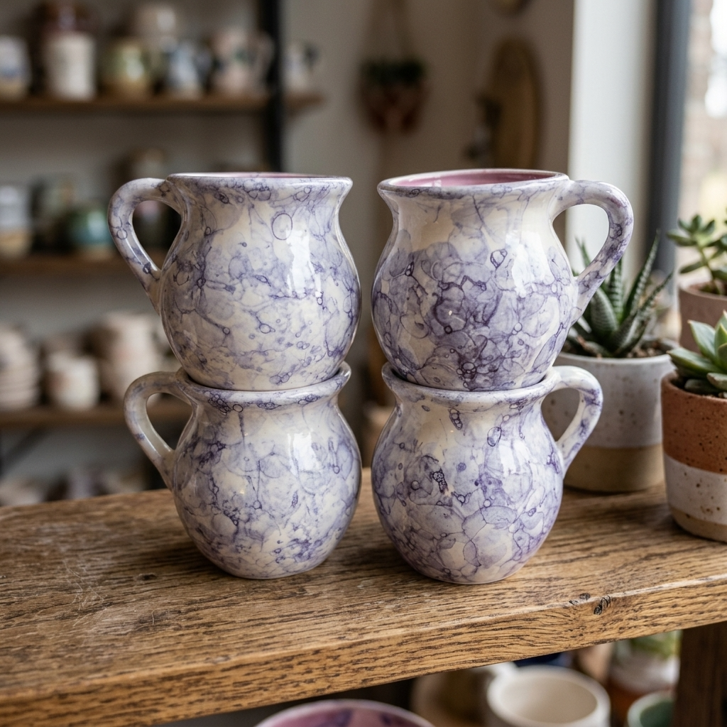 Set of 4 purple marbled ceramic jarrito mugs, handmade Mexican pottery