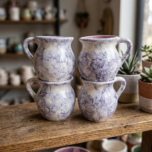 Set of 4 purple marbled ceramic jarrito mugs, handmade Mexican pottery